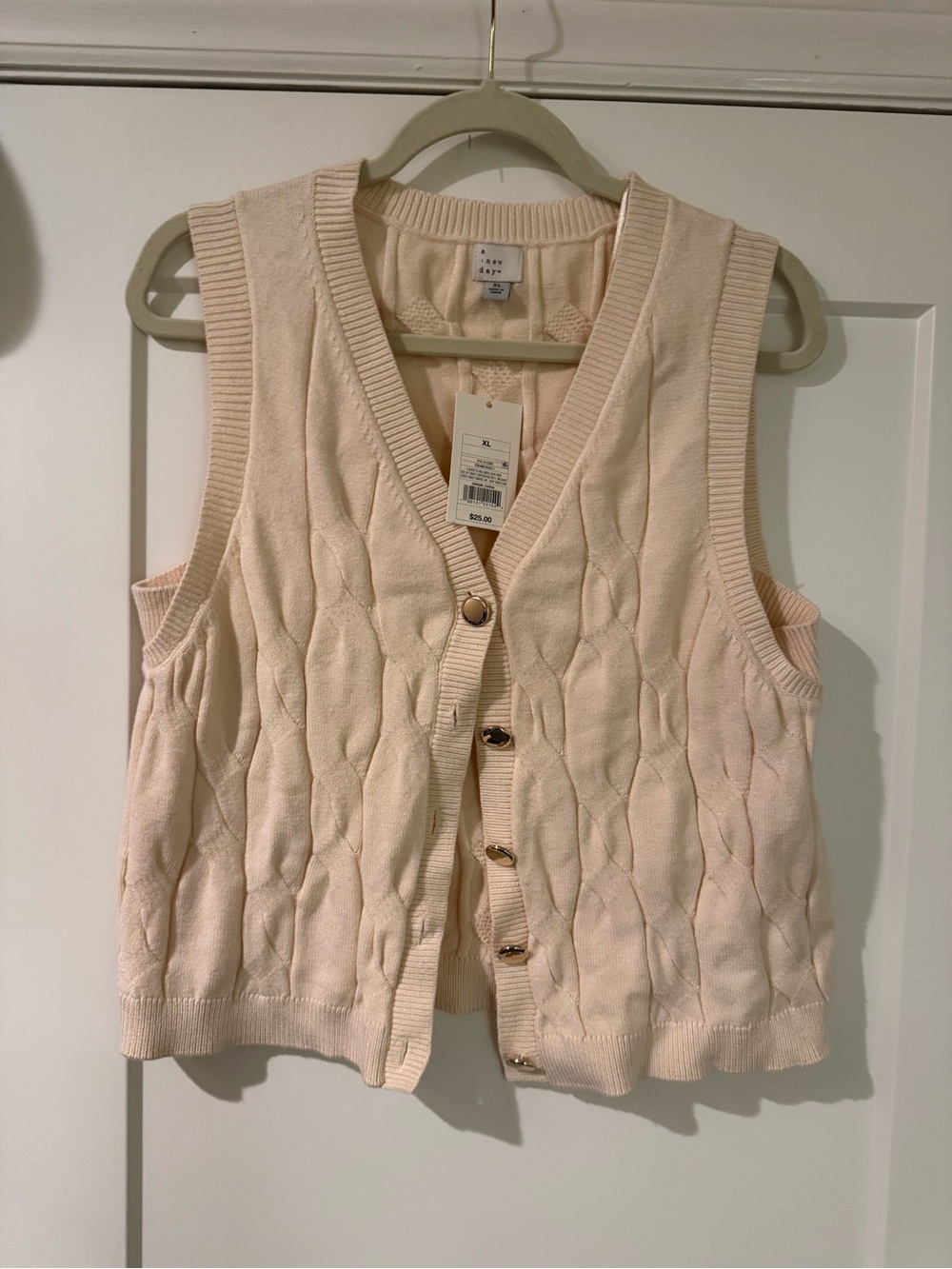 a new day cream Cable Knit V-Neck Button Vest Sweater